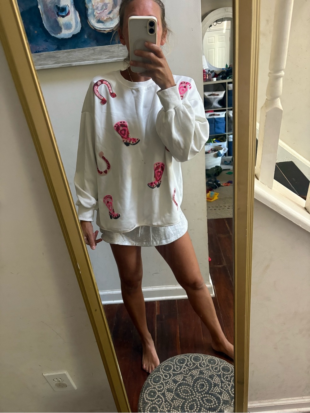 White Pullover Sweatshirt with Pink Cowboy Boot Print
